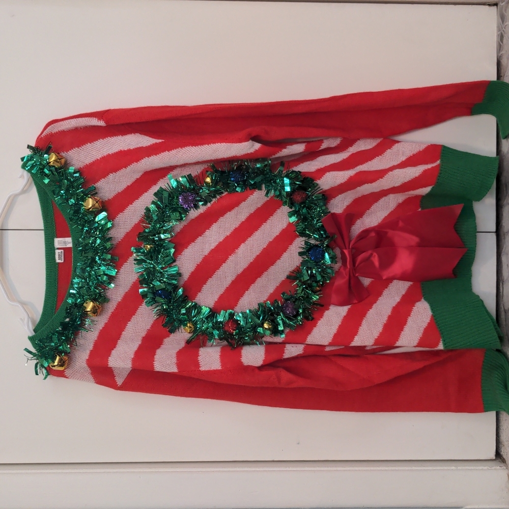 Red Striped Ugly Christmas Wreath Sweater (with actual bells) Large/Xtra Large
